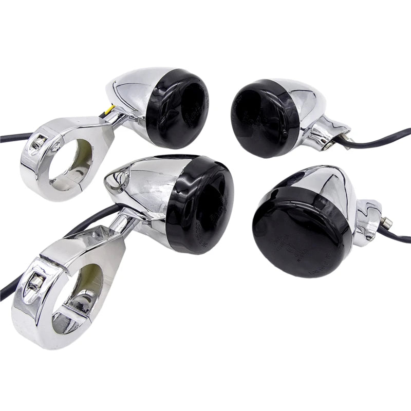 4 x Motorcycle LED Bullet Front/Rear Side Repeaters Indicators With Mounting Bracket Fork Clamp 39mm/41mm