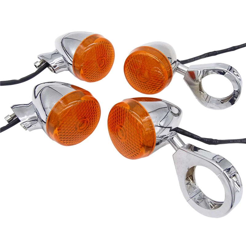 4 x Motorcycle LED Bullet Front/Rear Side Repeaters Indicators With Mounting Bracket Fork Clamp 39mm/41mm