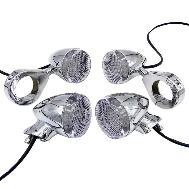 4 x Motorcycle LED Bullet Front/Rear Side Repeaters Indicators With Mounting Bracket Fork Clamp 39mm/41mm