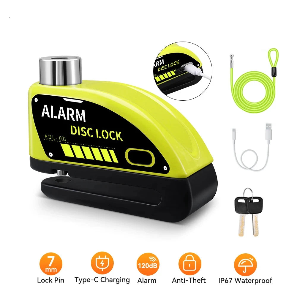 Rechargeable Motorcycle Alarm Brake Disc Lock 7mm Pin 120db Siren