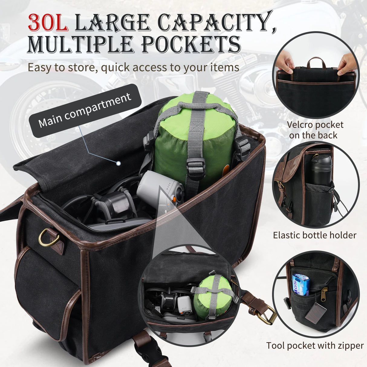 Harley-Davidson Waxed Waterproof Saddlebag Panniers Swing Arm Side Saddle Bag 30L