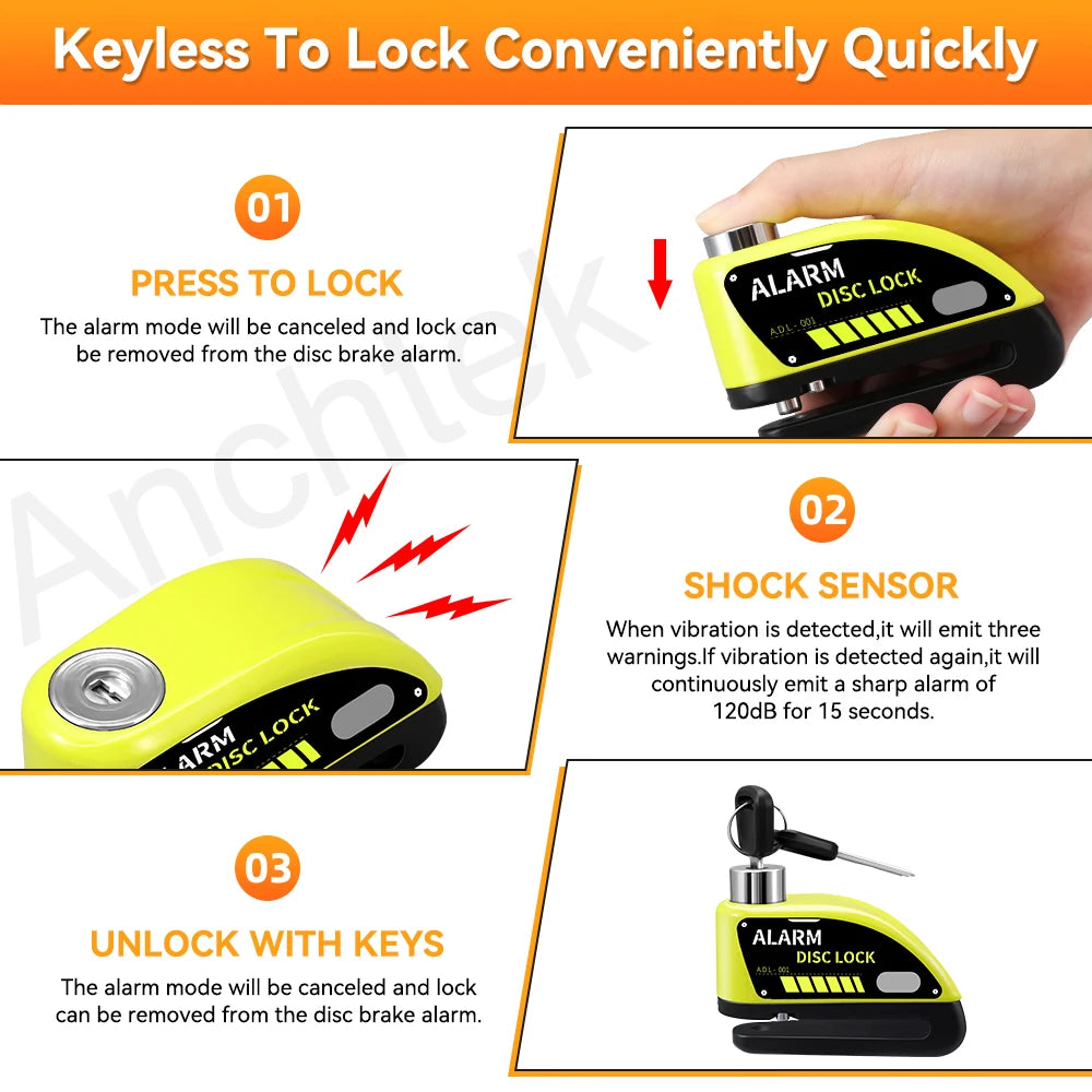 Rechargeable Motorcycle Alarm Brake Disc Lock 7mm Pin 120db Siren