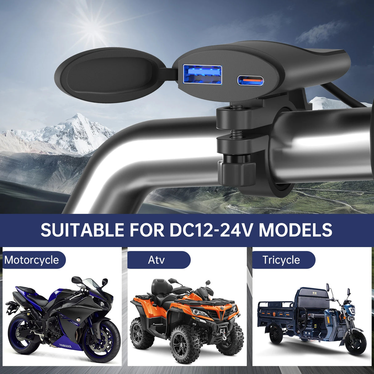 Motorcycle USB 30W Mobile Phone Charger Waterproof Handlebar Mounting Bracket