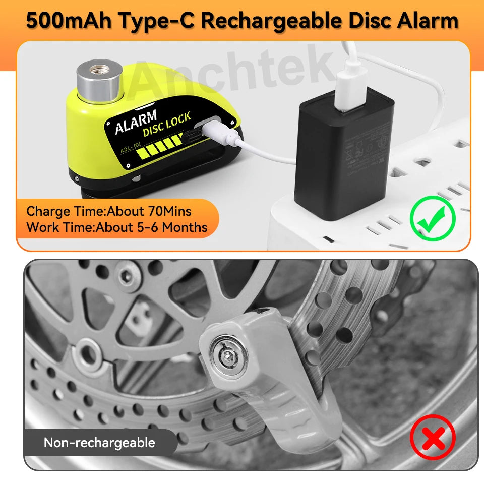 Rechargeable Motorcycle Alarm Brake Disc Lock 7mm Pin 120db Siren